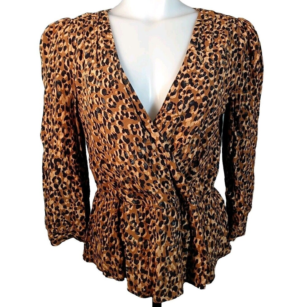 Zara Trf Women Brown Black Cheetah Print Faux‎ Wrap Blouse Size M
